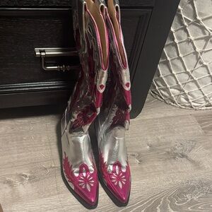 Elegant Pink and Silver Heeled Boots